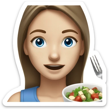 White girl Brown hair blue eyes freackles eating Tofu salad with fork sticker