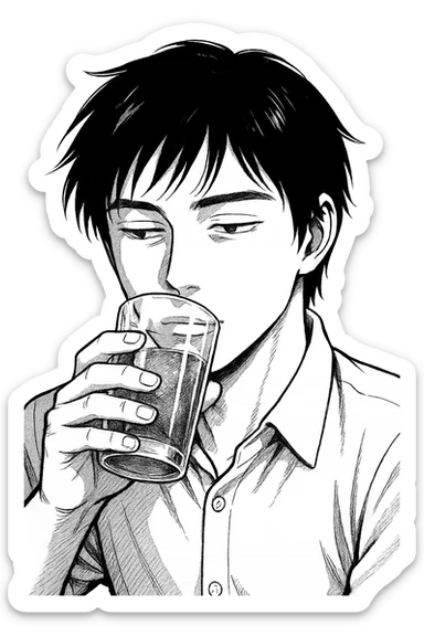 Kitsui Akira sipping a drink, close-up, relaxed expression, manga style, black and white sticker