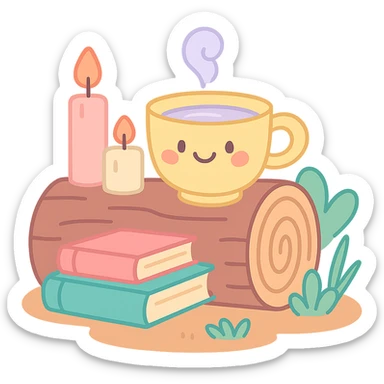 a log with tea, books, and candles, soft forest journaling mood, soft pastel colors, pastel-toon style sticker