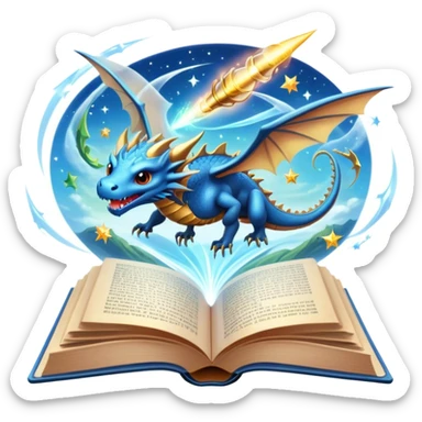 Icon for Fantasy and Sci-Fi Reading: an open book with magical creatures like dragons and fairies flying out, with a futuristic spaceship in the sky and a wizard casting spells. The icon should represent the magic and adventure of fantasy and science fiction worlds. Transparent background. sticker