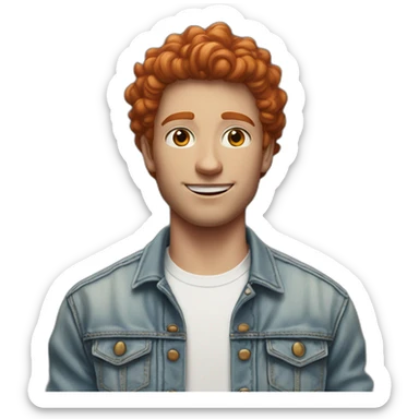 white young man in jean jacket and white t-shirt with short (not curly) red hair sticker