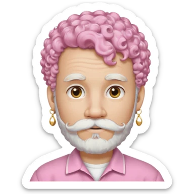 very white bearded and white mustached, pink short curly haired, wearing ear accessories sticker