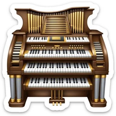 Create an elegant and majestic emoji representing a classical organ. The design should feature the grand pipes of the organ in the background, with visible details of the keys and pedalboard in the foreground. The pipes should be tall and impressive, with a mixture of gold, silver, and metallic shades to emphasize the grandeur of the instrument. The keyboard and pedals should be well-defined, capturing the intricate craftsmanship of the organ. Use dark wood tones and gold accents for the body of the instrument to give it a rich, historic feel. Add subtle musical notes around the organ to evoke its deep, resonant sound. The background should be transparent. sticker