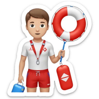 Male lifeguard – red shorts, whistle around neck, holding rescue float. sticker