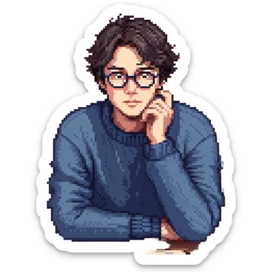 Flat pixel are, calm and curious male thinker, light skin, short tousled dark hair, round glasses, focused expression, wearing an indigo sweater, seated at a desk with open books, one hand resting under his chin in thought, waist-up, front-facing sticker