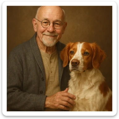 bald old man with round glasses and a grey goatee, standing with a Brittany Spaniel dog, friendly and warm expression sticker