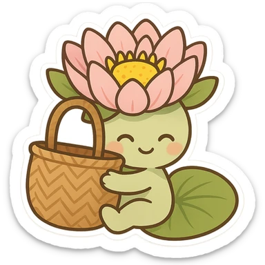 mascota para proyecto productivo, lirio de agua abrazando un bolso artesanal, estilo tierno y amigable, ideal para marca ecológica y artesanal sticker