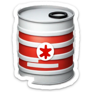A white Oil barrel with a big red horizontal stripe in the middle sticker