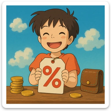 happy anime character holding a price tag with discount symbols, coins and wallet nearby, cheerful colors, Studio Ghibli style sticker