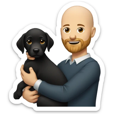 Bald man with beard. Very handsome. Holding black lab puppy.  sticker