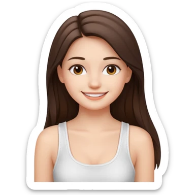 a pretty bratz fair girl with straight brunette long hair, middle partition. wearing a white thin strap trap tank top, smiling, wearing light makeup. very pretty. sticker