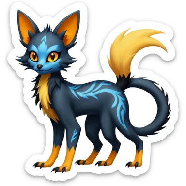 Lykoi-Fennekin-Electrike-Luxray-fusion-hybrid-animal-Fakémon-creature, full body, thin long sleek scaly tail, intricate markings sticker