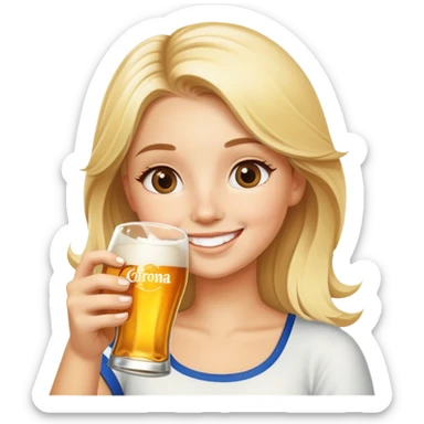 happy blonde girl with corona beer sticker