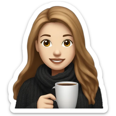 eyes closed smiling woman with pale skin middle brown long straight hair with a laptop and a large coffee mug wearing a black woolly shirt and a black woolly scarf sticker