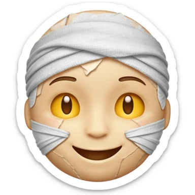 A battered emoji, bandaged head, scratches, but smiling sticker