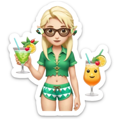 elf female legolas portrait, patterned board shorts (geometric/abstract), unique wooden-framed sunglasses, undercut hairstyle, slight smirk, visible pointy ears, no background, centered emoji, hipster summer vibe coctails  sticker