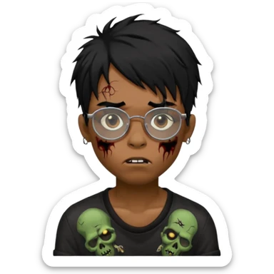 Boy, zombie, black hair, medium long, emo, shaggy, dark, spooky, creepy expression emoji, add dolce gabanna glasses, a risk on the eyebrow, some tattos  sticker