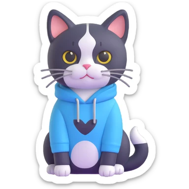 black and white cat wearing light blue sweatshirt sticker