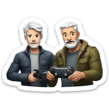 Behind a Futuristic fortnite background make a man with a pale skin person with Grey hair and facial hair in their 40s with a game controller playing a game on a TV sticker