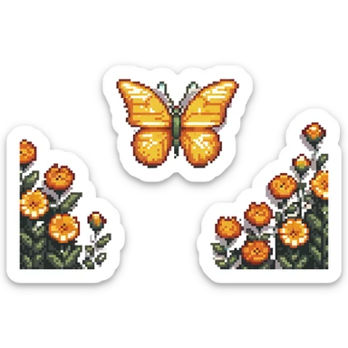 Blue smiling butterfly in springtime with pixel flowers and sunshine sticker