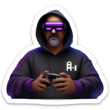 Big Lebowski wearing a black hoodie with "OMG" letters on it and VR headset oculus quest 2 in a cyberpunk VR environment with violet neon lighting. sticker