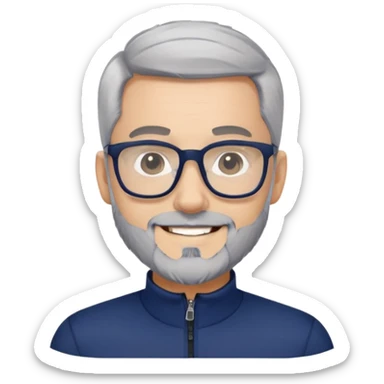 Smiling man with light skin, short black hair, gray beard, black glasses, wearing a navy blue athletic zip-neck long sleeve shirt sticker