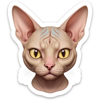 Cinematic Grumpy Sphynx Cat Portrait Emoji, Head tilted slightly with a deeply unimpressed expression, smooth, wrinkled skin with pronounced facial folds giving a permanent look of disapproval, large ears standing tall, piercing eyes narrowed into an unamused glare, Simplified yet comically expressive features, highly detailed, glowing with a dry, sarcastic glow, high shine, effortlessly judgmental yet dignified, stylized with a touch of cynicism, bright but brooding, soft glowing outline, capturing the essence of an eternally unimpressed yet endearing feline, so lifelike it feels like it could sigh heavily at you in disdain at any moment! sticker