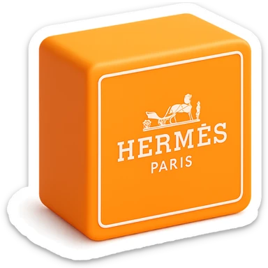 Add the Hermès logo to the center of the 3D orange box, maintaining the same square shape and proportions. The logo should be clean, elegant, and minimal. Use a white or transparent background. sticker