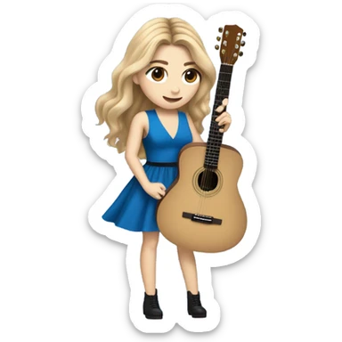 Sabrina carpenter singings while playing a guitar in a blue dress with a heart shaped cut out between her boobs and swaying her long blond hair with a fringe sticker