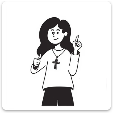 person with long brown hair holding a cross and giving a thumbs up, hand-drawn doodle style sticker