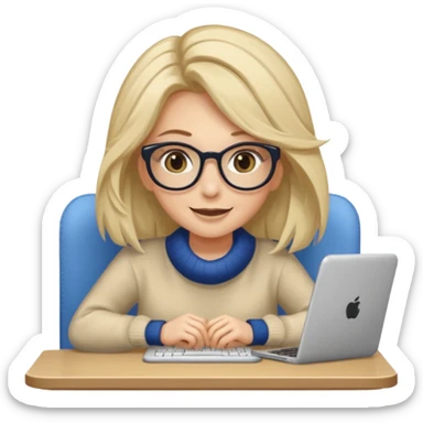 ragazza bionda sorridente con capelli lunghissimi, con occhiali tartarugati, occhi azzurri, con maglione beige, seduta alla scrivania che lavora al pc sticker