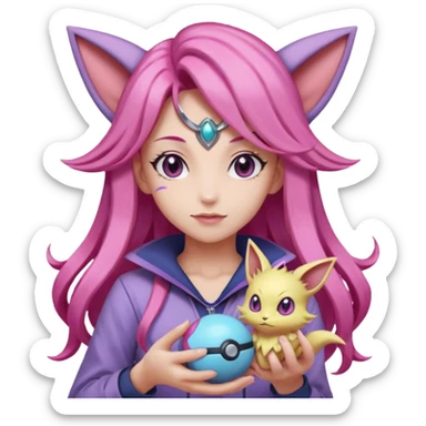 Female pokemon trainer with long pink hair, posed holding a pokeball and her espeon by her side  sticker