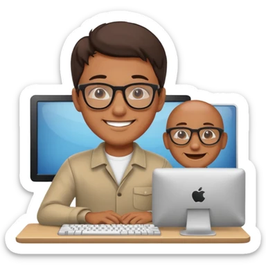 smiling man at computer, cheerful sticker