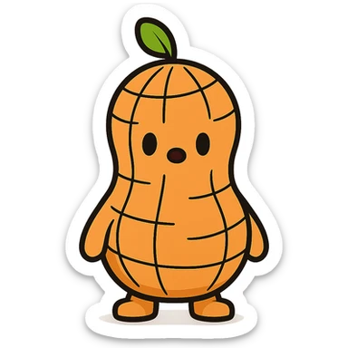 Change the peanut shell to a cartoon-style shell, keep the 3D peanut character cute and with no facial expression, maintain transparent background. The style should resemble a cartoon with clear, simple lines and vibrant colors for the shell, while preserving the 3D look of the peanut character. sticker