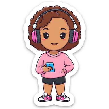 Mixed girl with a pretty face, brown curly hair, a pink long sleeve shirt on, and black shorts, holding a pink iPhone with headphones on   sticker
