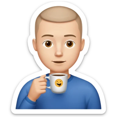 a white short guy with a buzz cut drinking a cup of coffee sticker