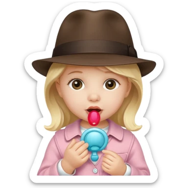 a baby girl with pacifier and fedora sticker