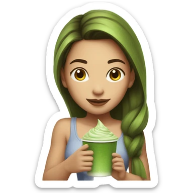 Beautiful girl with brawn hair holding cup of iced matcha  sticker