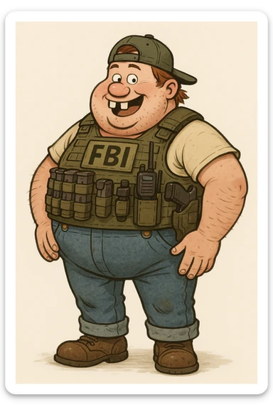A fat federal agent in a tight, gear-filled vest, with buck teeth and a cartoonish hillbilly style sticker