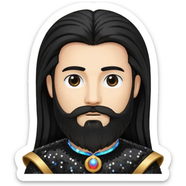 Saturn, God of Time with long black hair and beard, black sequin outfit sticker