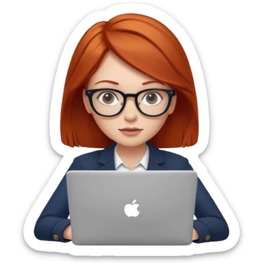 redhead female with glasses focused on a laptop sticker
