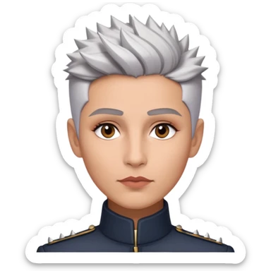 Marian Pabón with elegant facial features, light rosy complexion, expressive made-up eyes, medium well-defined lips, sophisticated pronounced cheekbones, short spiky silver hair styled like a men's cut sticker