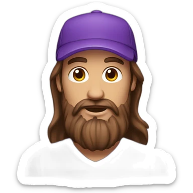 a man with long brown haid and beard with a purple cap  sticker