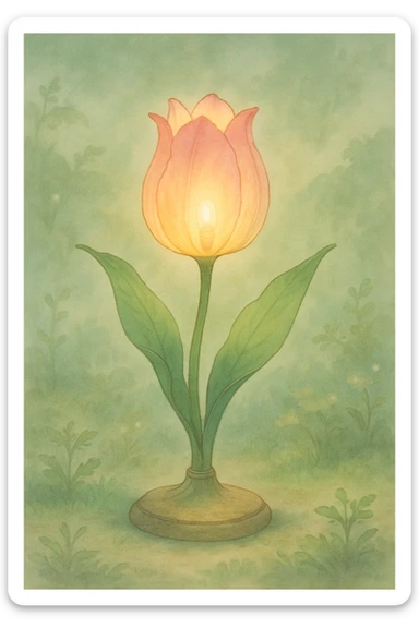 a lamp made out of a tulip flower, the bulb in the flower, natural colors, soft, fairy-like atmosphere,  sticker