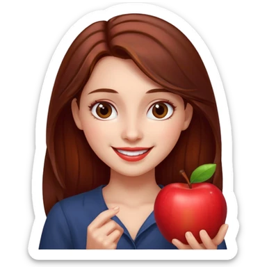 Bella from Twilight emoji, smiling, holding an apple, brown hair sticker