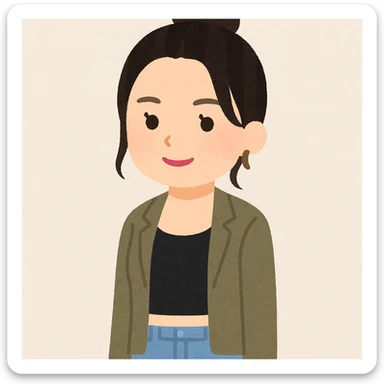 Kendall Jenner in Irasutoya style, friendly expression, modern fashion, simplified features, light pastel tones, plain background sticker