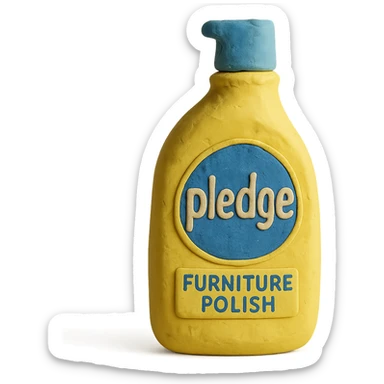 claymation style bottle of furniture polish inspired by Pledge, yellow and blue label, pastel colors, visible fingerprints, soft matte finish sticker