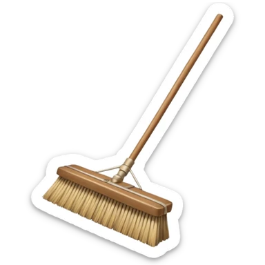 traditional broom with wooden handle on a dusty carpet, straw bristles sweeping visible dust clouds, old-fashioned cleaning tool, vintage household style, 3D cartoon, mobile game icon style, centered composition, no people, no animals, no text, no watermark sticker