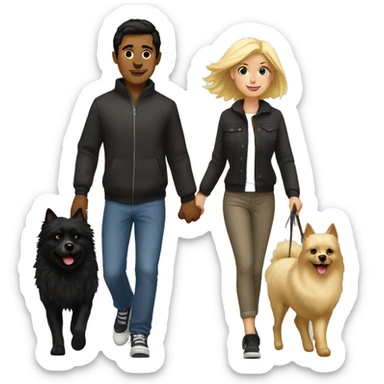 a guy with dark hair and a girl with blond hair and a bob are walking with a black Spitz sticker