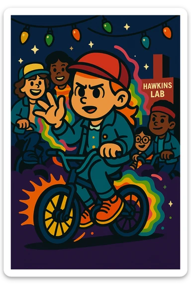 Stranger Things character in vibrant toon style, full color. Character with bicycle, Eleven's powers, group of friends, Christmas lights, colorful and lively, variation 3. sticker